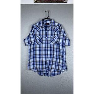 Plains Western Wear Shirt Mens Large Blue Plaid Short Sleeve Pearl Snap Western